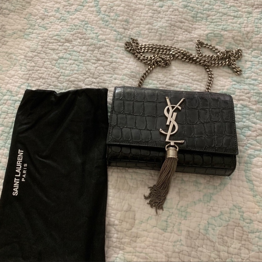 Saint Laurent Small Black Croc Kate Tassel Chain Bag - Picture 3 of 11